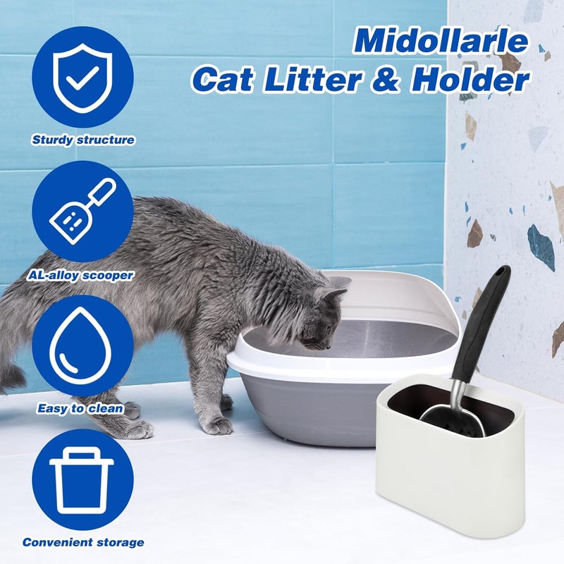Midollarle Heavy-Duty Cat Litter Scoop with Holder, Metal Cat Scooper and Detachable Trash Can,Aluminum Kitty Poop Shovel Captures All Clumps,Speed Sifter Litter Box Scooper and Caddy with Lid(White) - Image 2